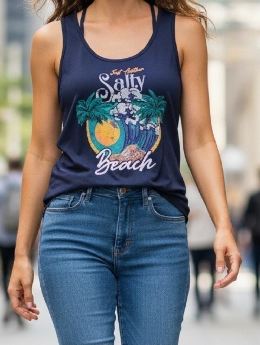 Maurices "Just Another Salty Beach" Graphic Tank Top Lattice Back Large